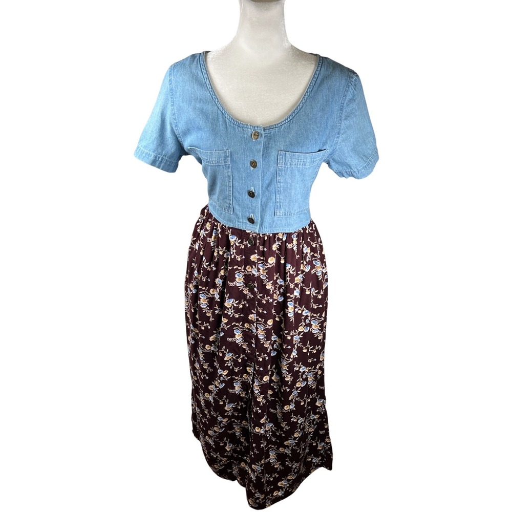 Jaclyn T Denim Top 90s Floral Maxi Dress Womens Small Blue Brown Cottagecore Y2K